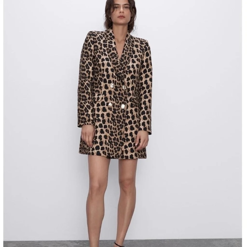 Zara Double Breasted Blazer Jacket Coat Leopard Animal Print Size XS